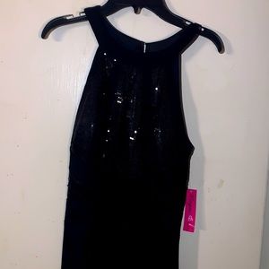 Black backless sequins prom dress with leg slit